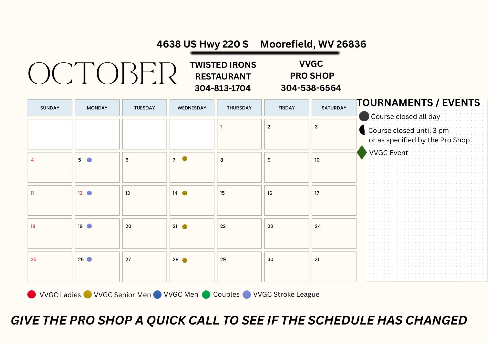 Valley View Golf Club October 2026 Events Calendar