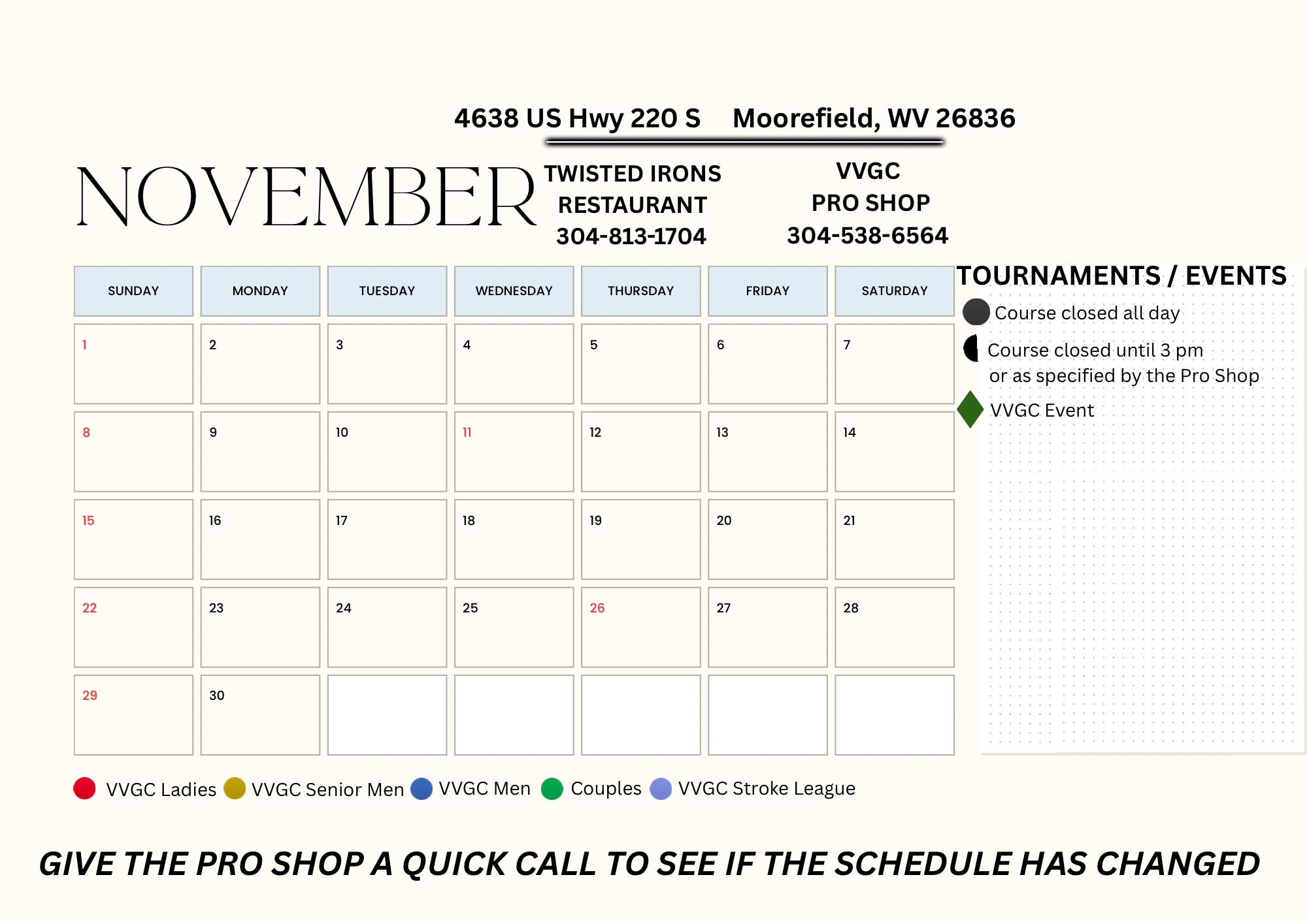 Valley View Golf Club November 2026 Events Calendar