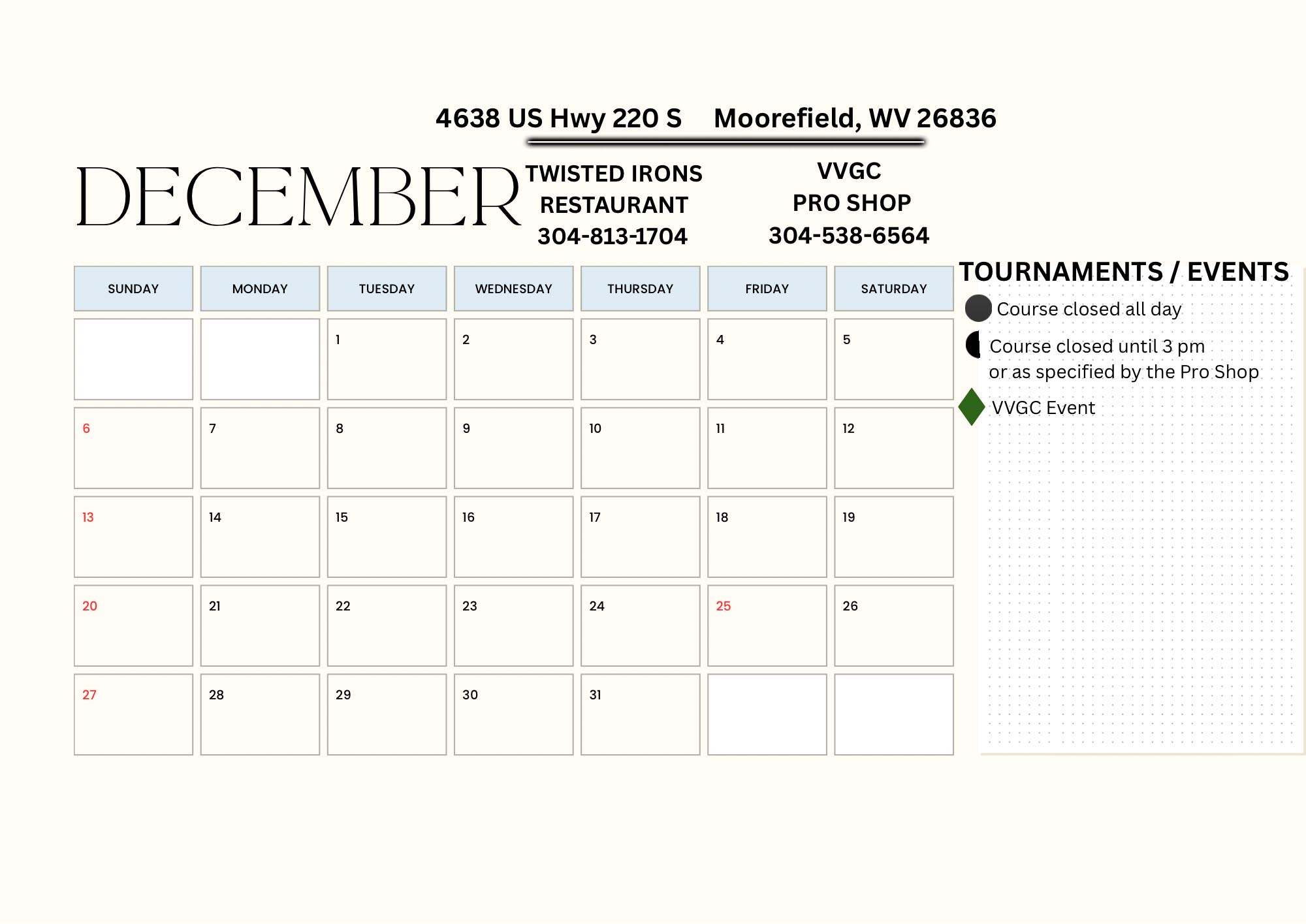 Valley View Golf Club December 2026 Events Calendar