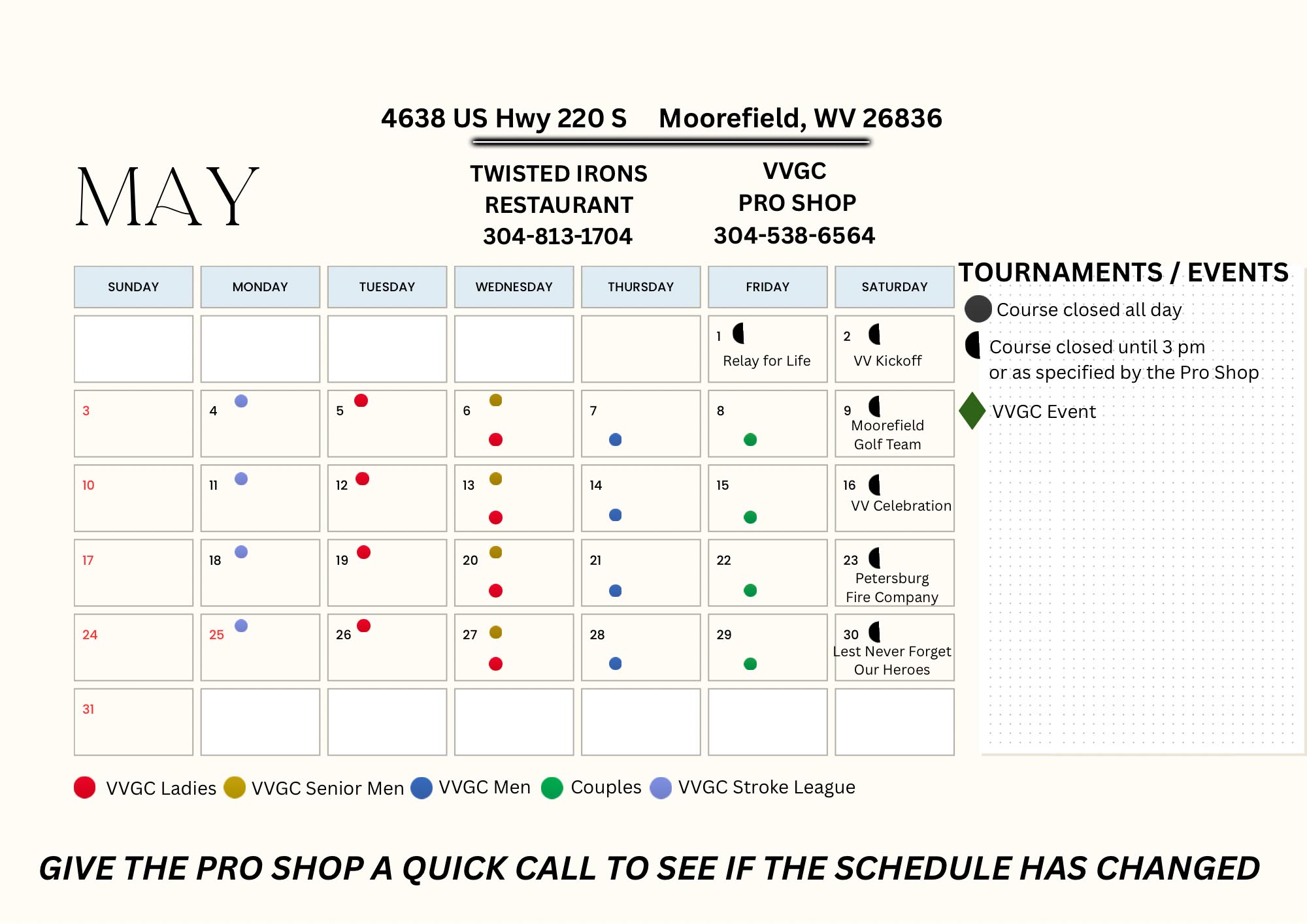 Valley View Golf Club May 2026 Events Calendar