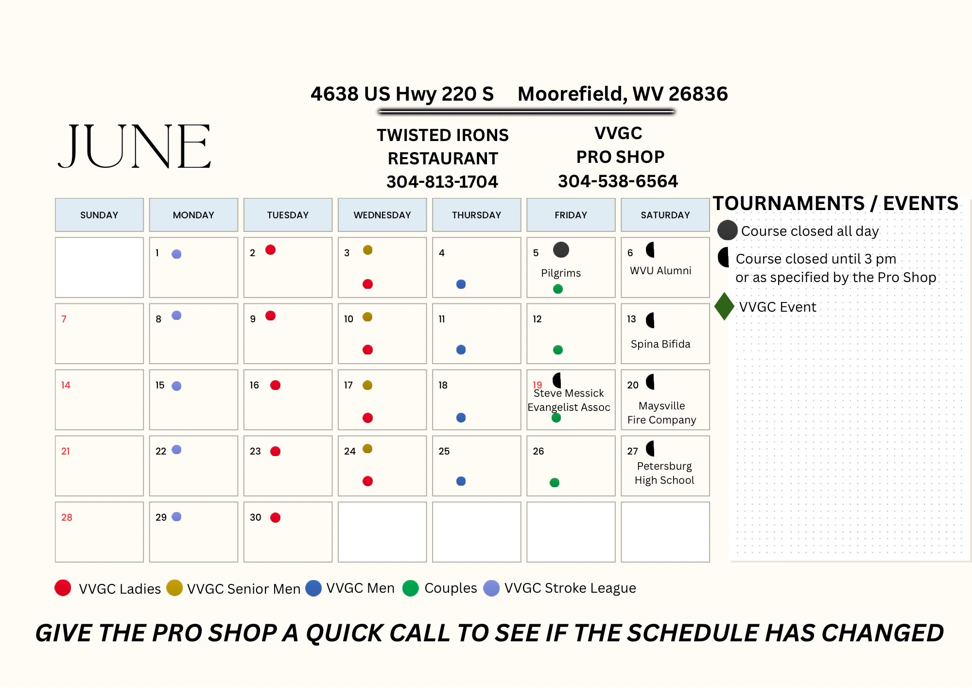 Valley View Golf Club June 2026 Events Calendar