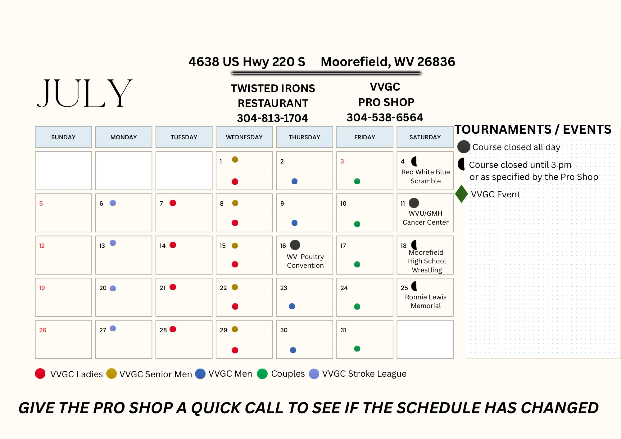 Valley View Golf Club July 2026 Events Calendar
