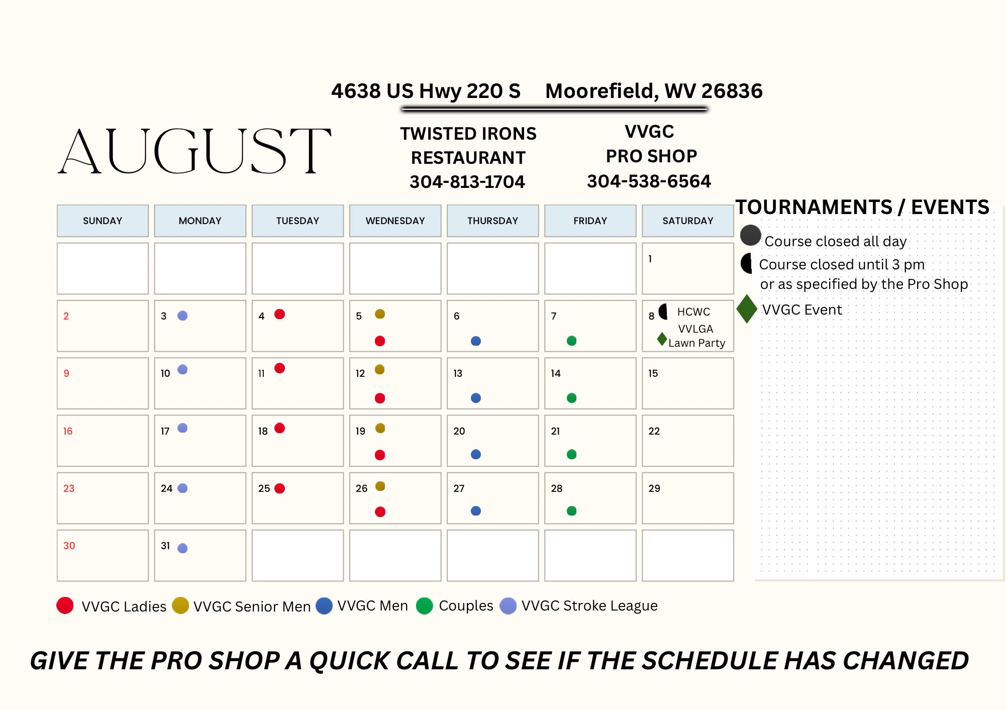 Valley View Golf Club August 2026 Events Calendar
