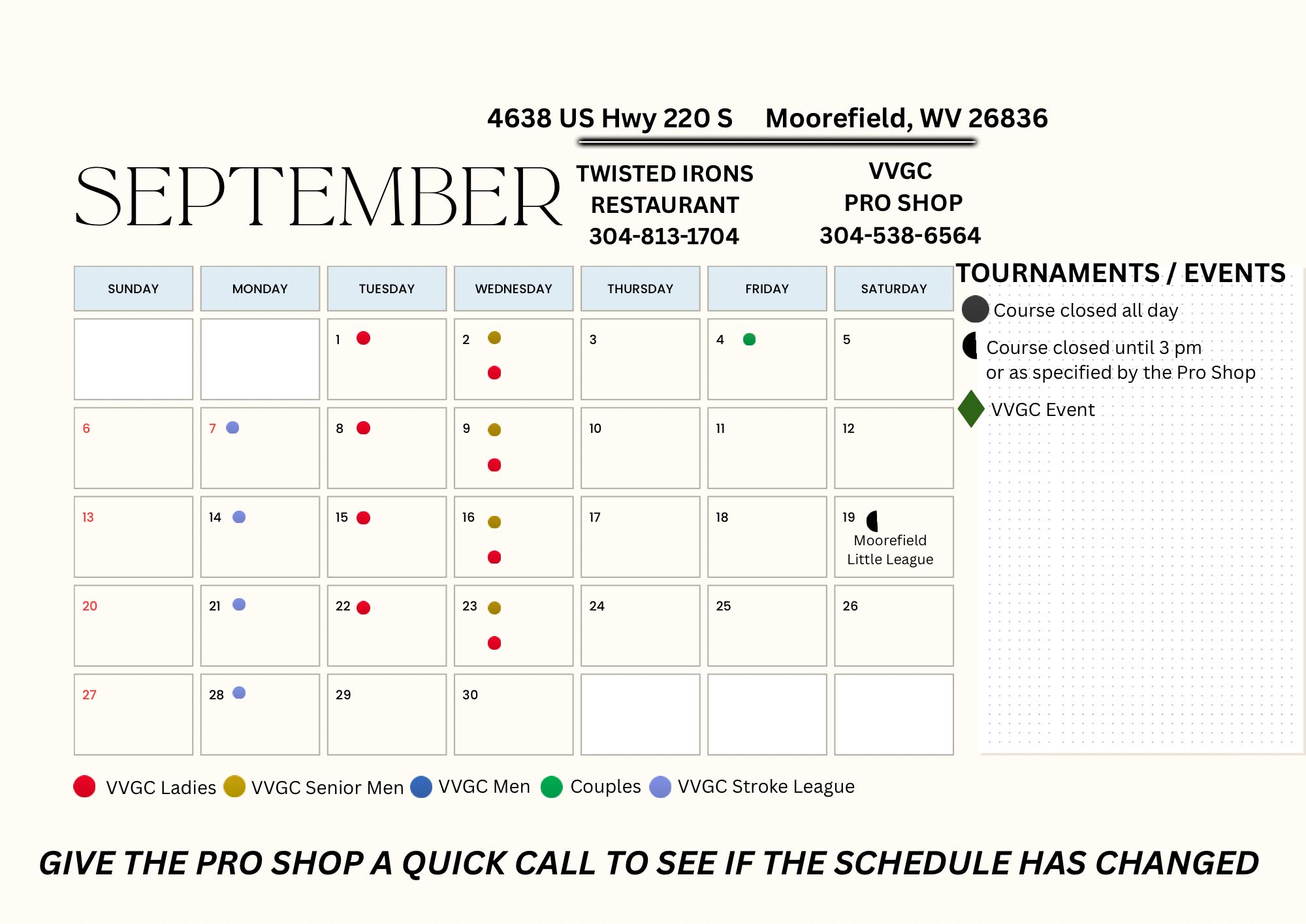 Valley View Golf Club September 2026 Events Calendar
